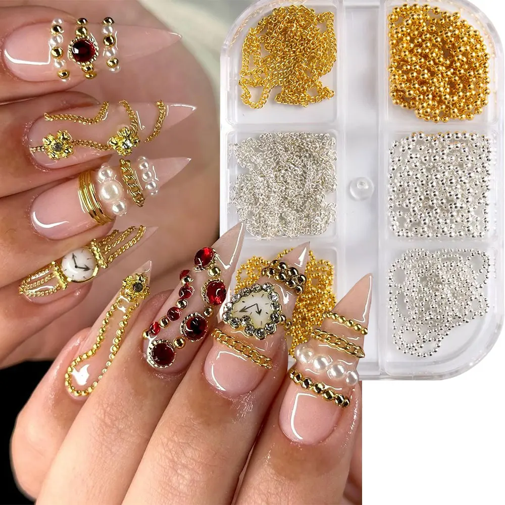 6grids Y2K Gold Silver Metal Chain Nail Charms 3D Stainless Steel Beads Chains Nail Charms Punk Gothic Alloy Nail Rivets Chains