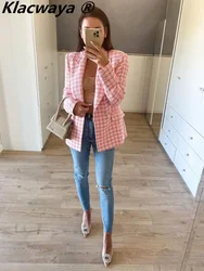 Klacwaya Blazer Women Jacket Pink Plaid Blazer Women Clothing Office Casual Tweed Blazers Double Breasted