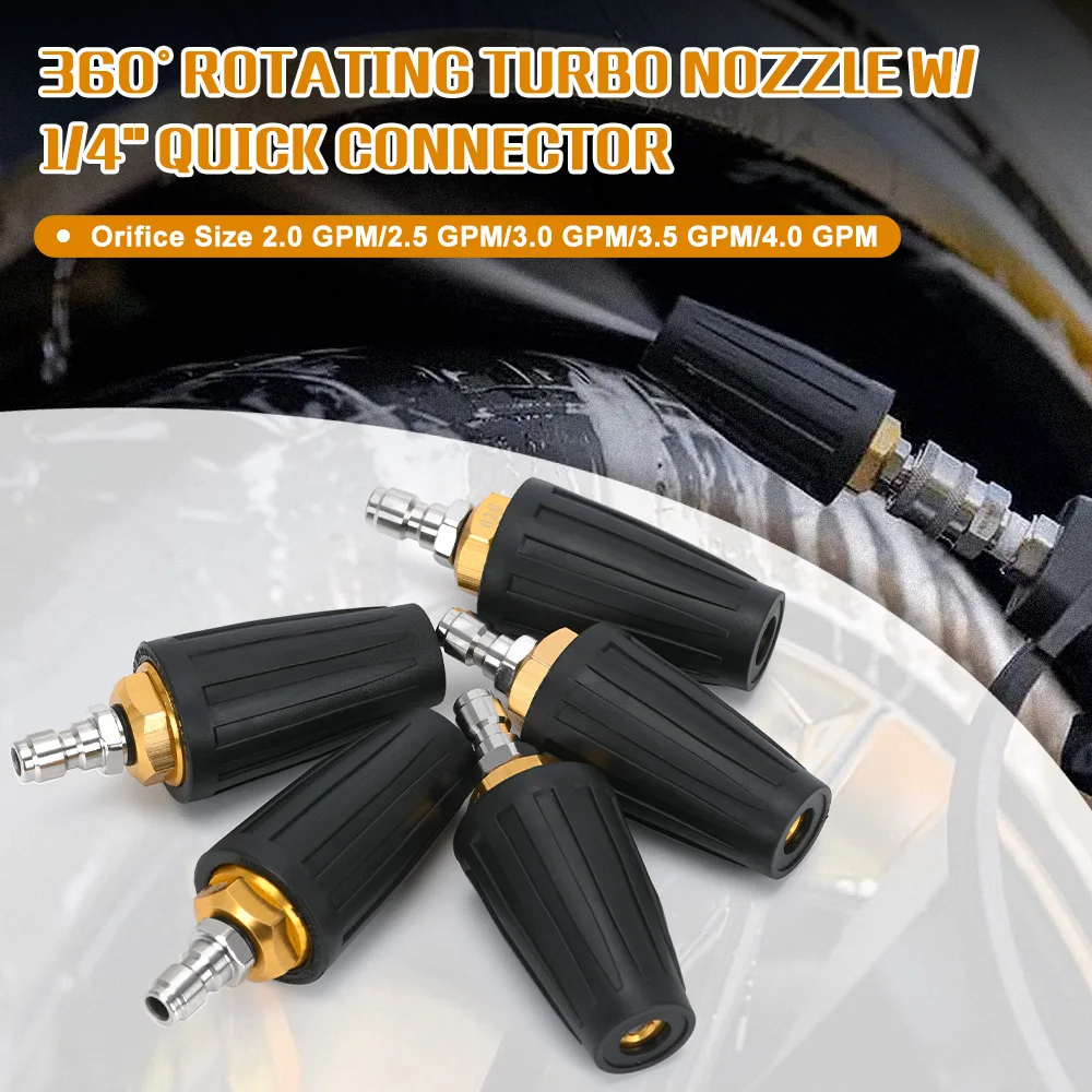 Turbo Nozzle for Pressure Washer 360° Rotating with 1/4" Quick Connector, 4000 PSI, Orifice 2.0/2.5/3.0/3.5/4.0 GPM