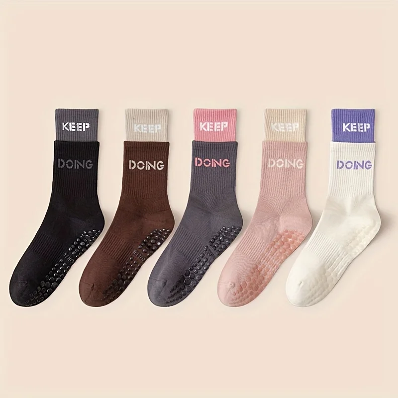 5 Pairs Women'S Non-Slip Silicone Yoga Socks Color Block Mid-Tube Sweat-Absorbent Fitness Pilates Sports Dress