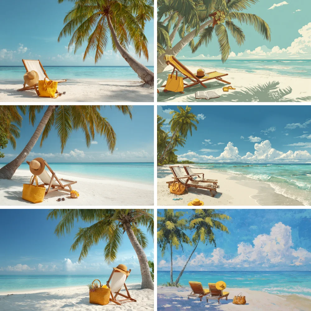 

Summer Beach Theme Photography Background Beach Sunset Lounge Chair Coconut Tree Holiday Decorative Photography Studio