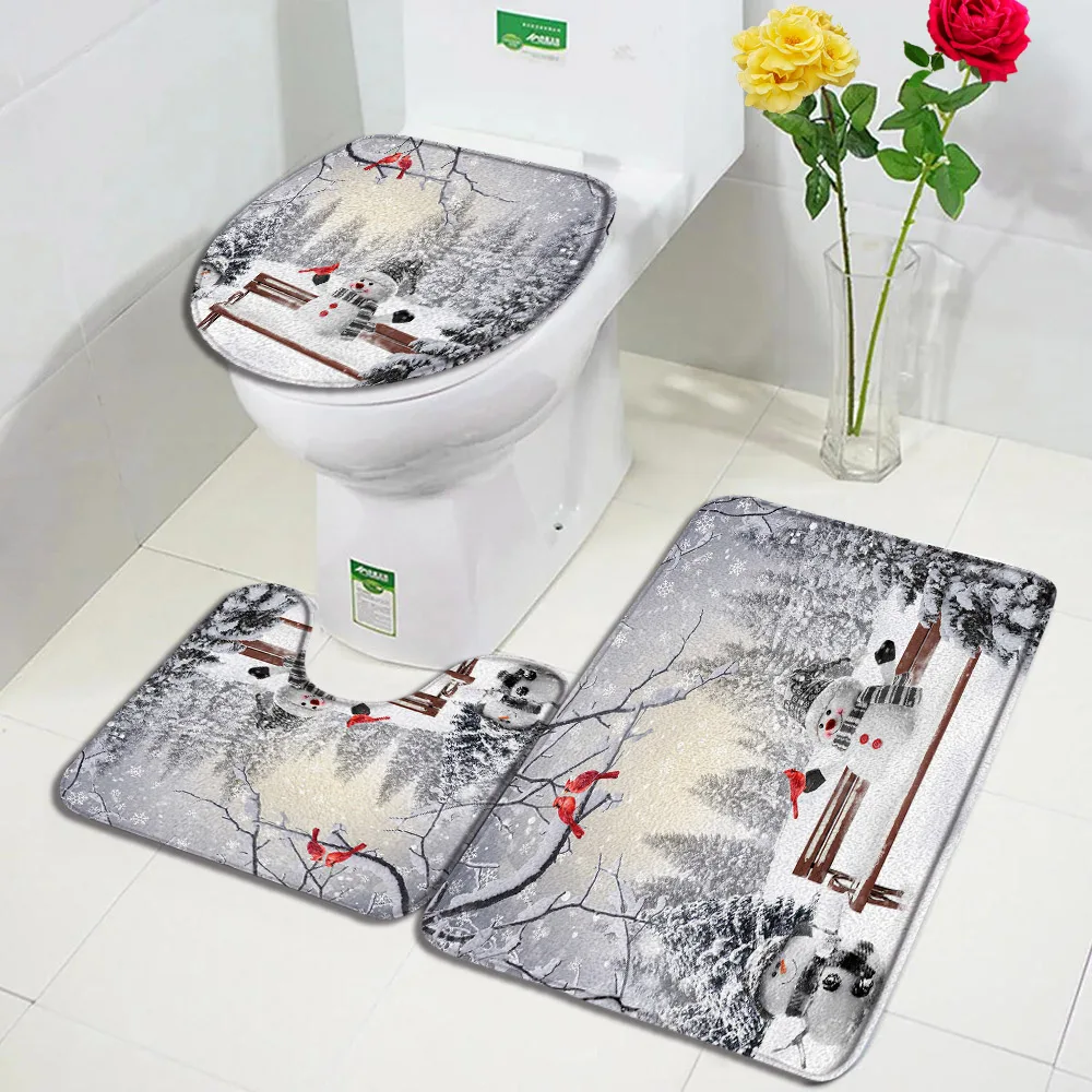 Christmas Bath Mat Set Cute Snowman Santa Claus Winter Forest Cedar Xmas Trees New Year Carpet Bathroom Decor Rugs Toilet Cover