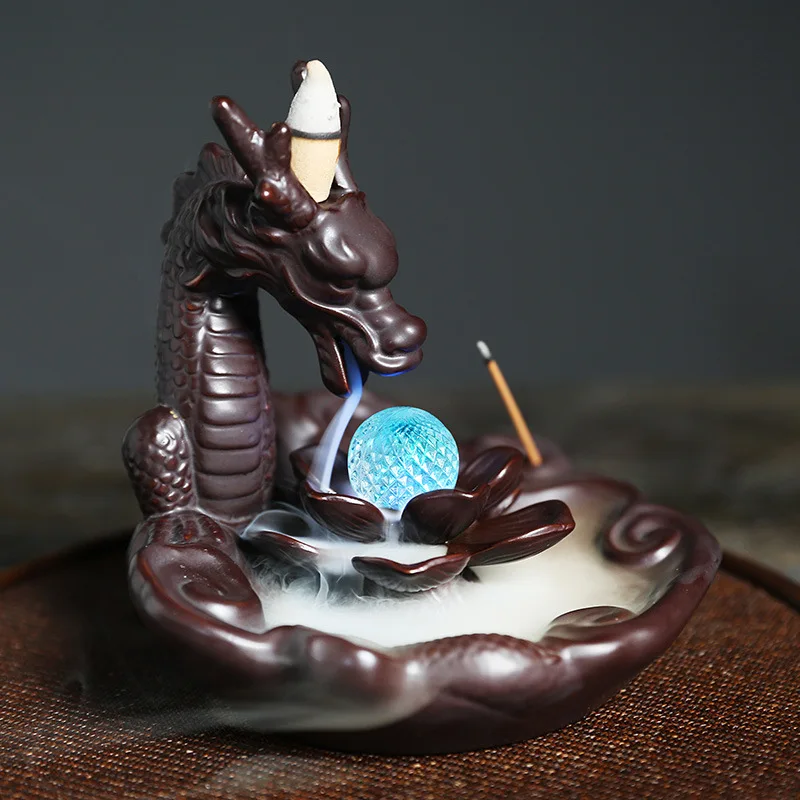 

LED Dragon Ceramic Smoke Backflow Incense Holder Waterfall Incense Cone Holder Ceramic Dragon Statue Censer for Yoga Decoration