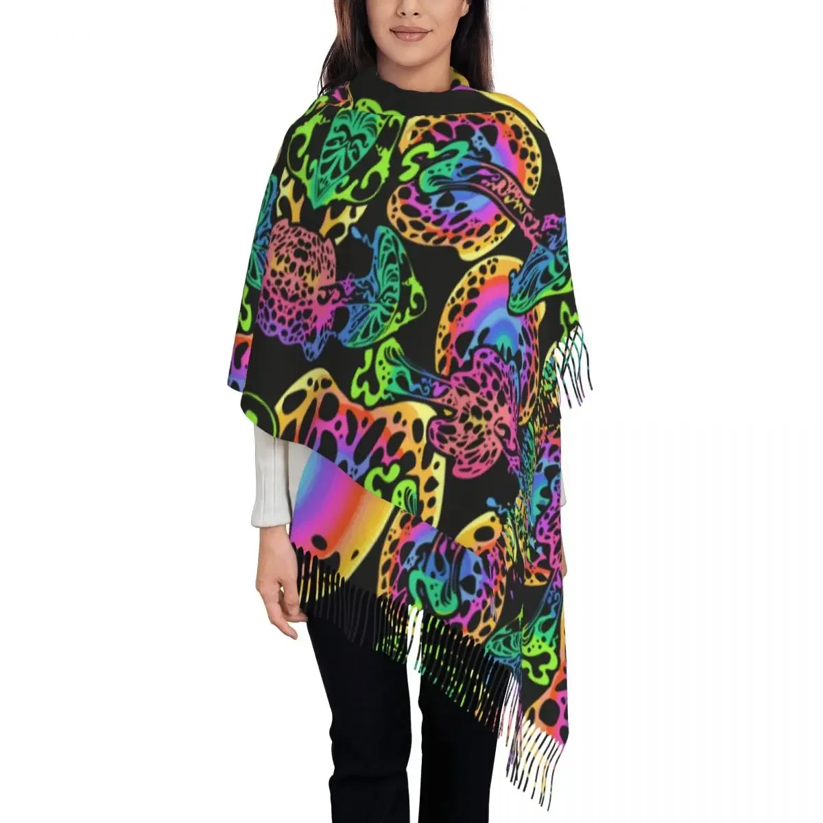 Psychedelic Magic Glowing Mushrooms Women's Tassel Shawl Scarf Fashion 