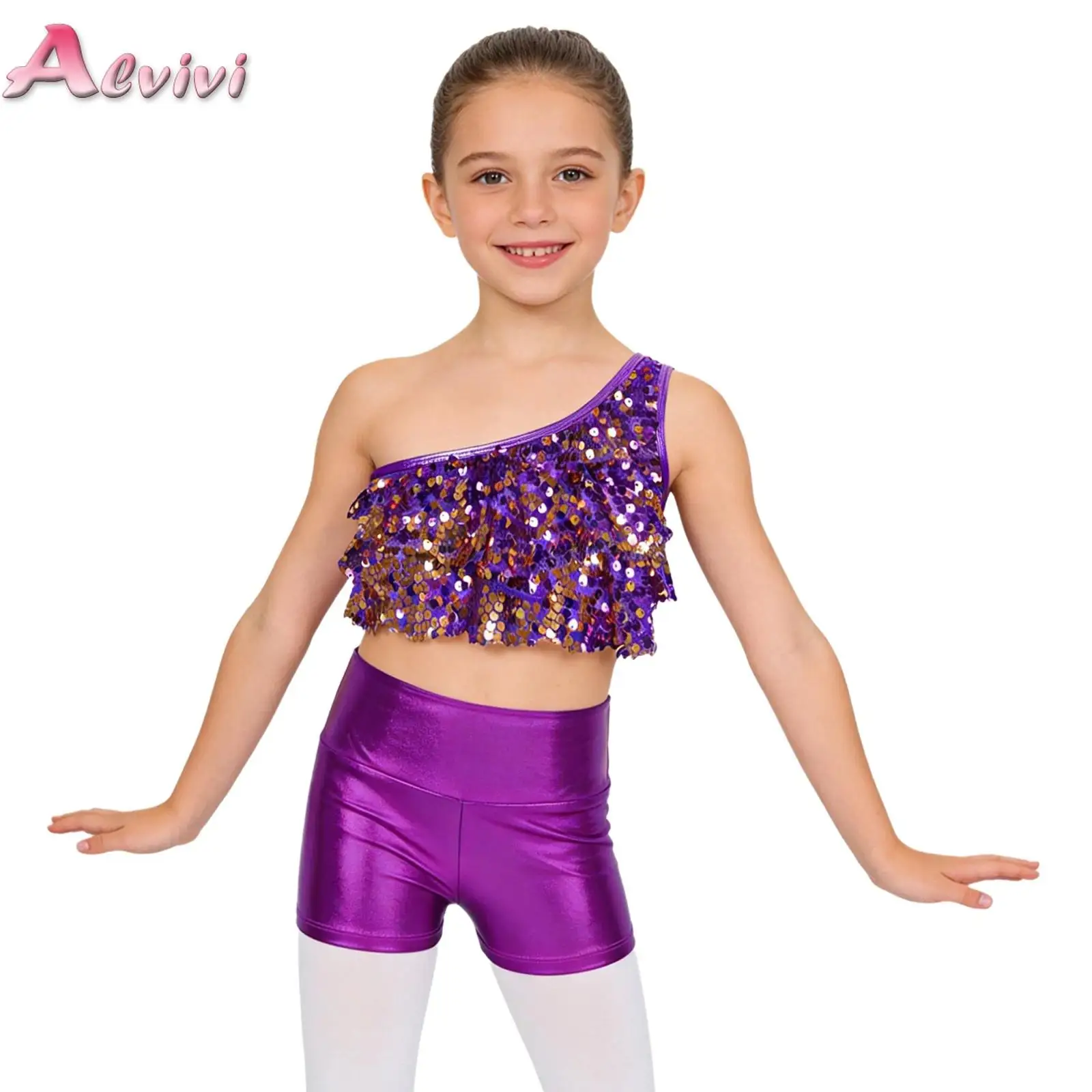 

Kids Girls Glittery Sequins Performance Dance Sets Tiered Ruffles Metallic Crop Top with Shorts for Jazz Performance Costume