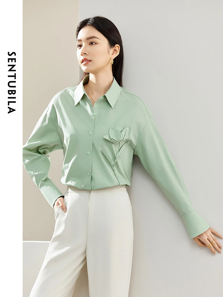 

SENTUBILA Oversized Long Sleeve Shirt Tops For Women Autumn 2025 Three-dimensional Flower Button Down Shirts 151C80078X