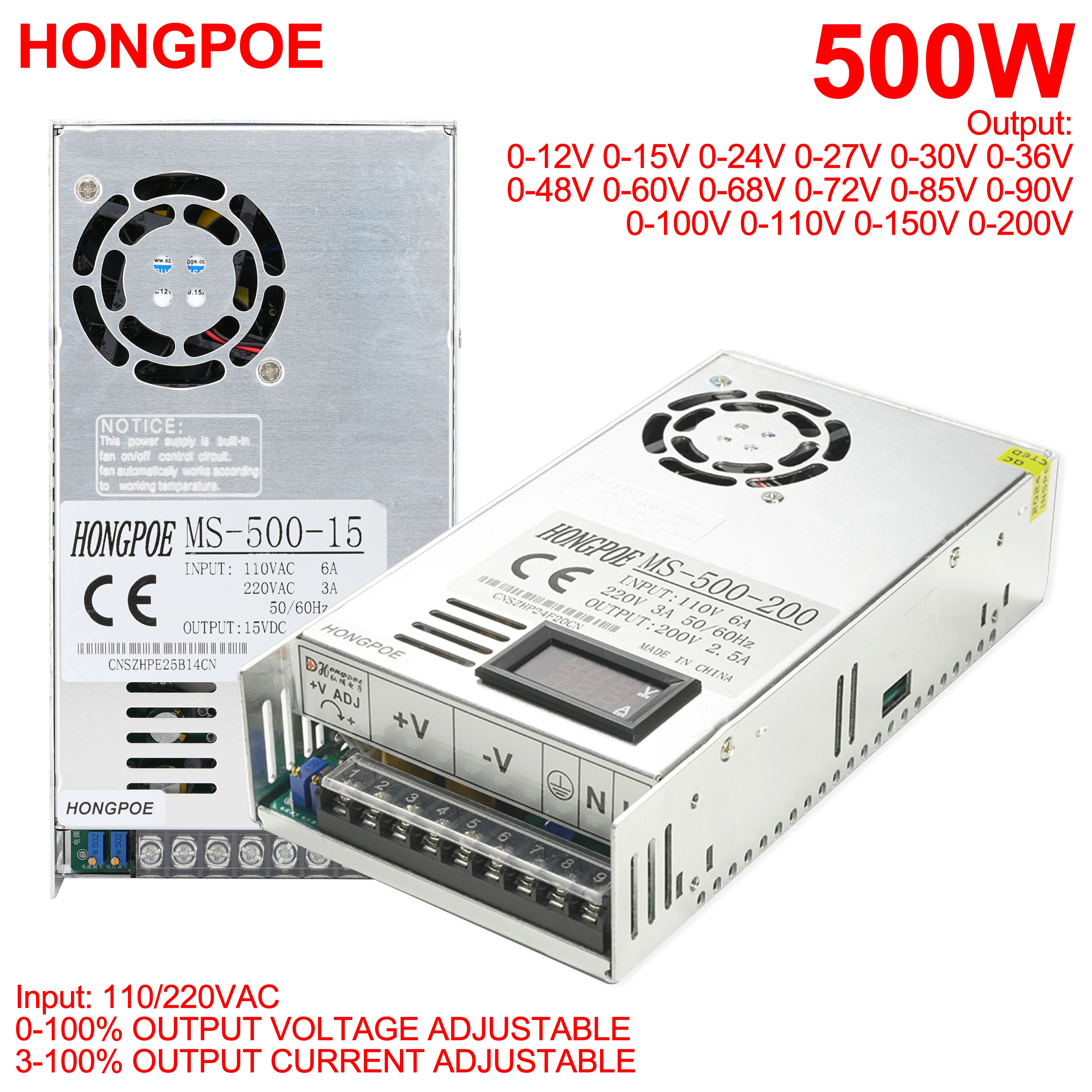 

500W DC power supply, voltage and current real-time display 12V/15V/24V/27V/36V 0 - 100% output voltage and current adjustable