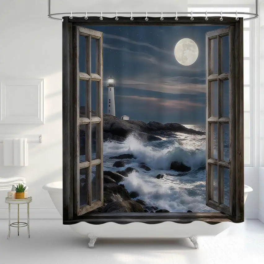 Vintage Night Coastal Lighthouse Shower Curtain, Rustic Nautical Beach Seascape Waterproof Bathroom Decor Curtain With Hooks