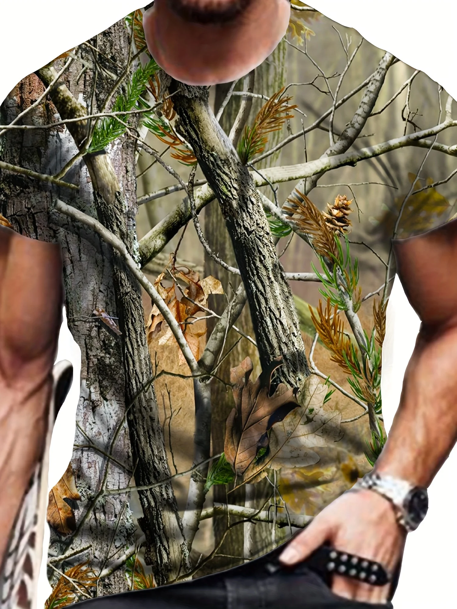 

Men's 3D Camouflage Leaves Pattern Print T-Shirt, Plus Size Short Sleeve Crew Neck Tee