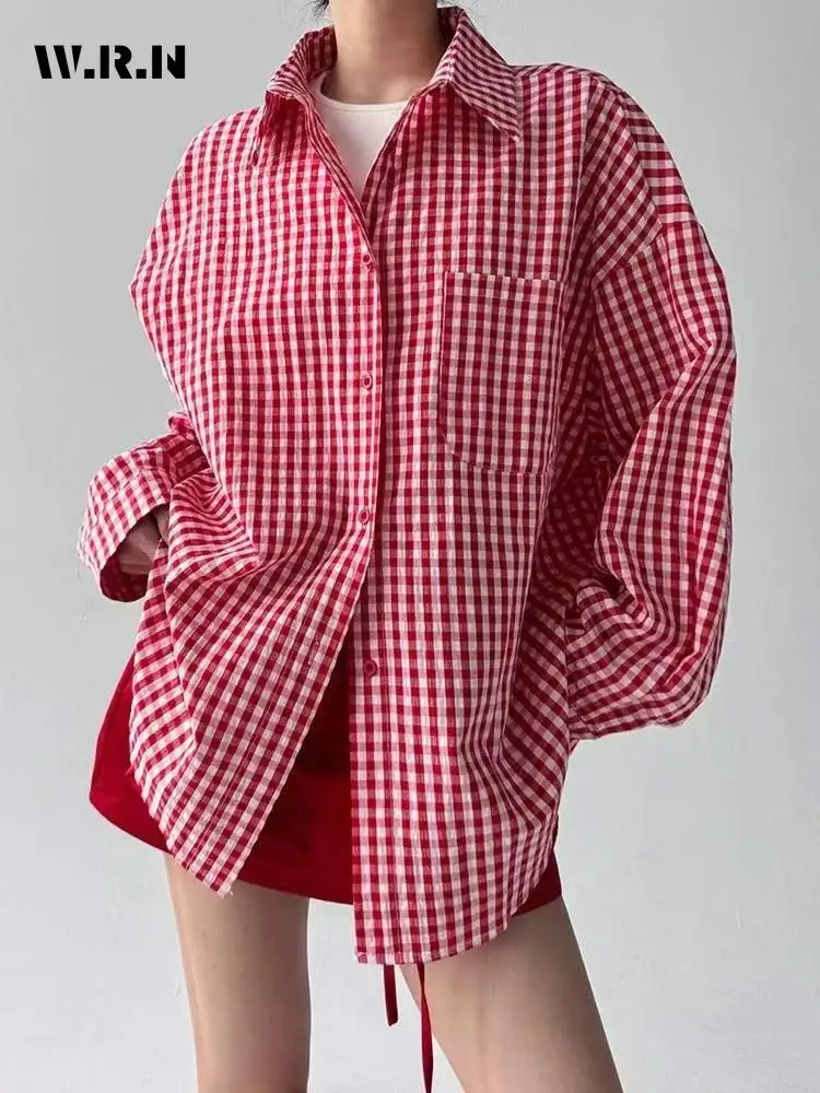 

Лето 2029, модная повседневная рубашка с длинным рукавом, женские шикарные мешковатые блузки в клетку, однобортные футболки с отложным воротником, футболки большого размера, топ