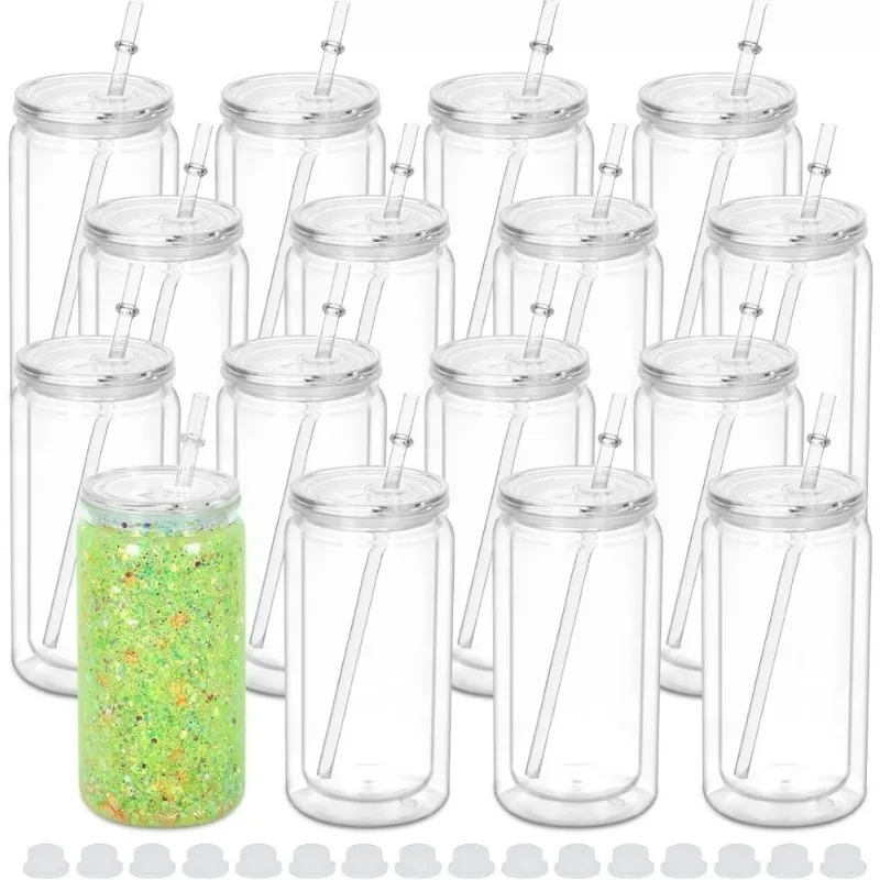 16oz Plastic Snow Globe Tumbler, 16 Pack DIY Clear Glitter Double Wall Insulated Cup with Pre Drilled Hole