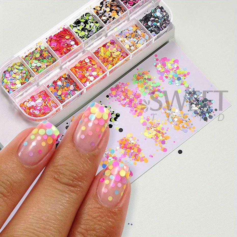 12 Grids Fluorescent Round Sequins Nail Glitter Sparkle Bubble Circle Flakes Polka Dot Design Slice Spangles Holo Manicure Decor