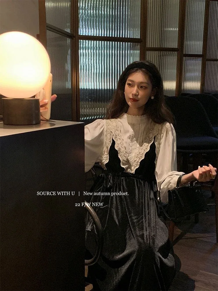 Velvet Skirt Dress Half Collar Shirt Two-piece Suit Women Clothing Party Dresses Vestido Dress