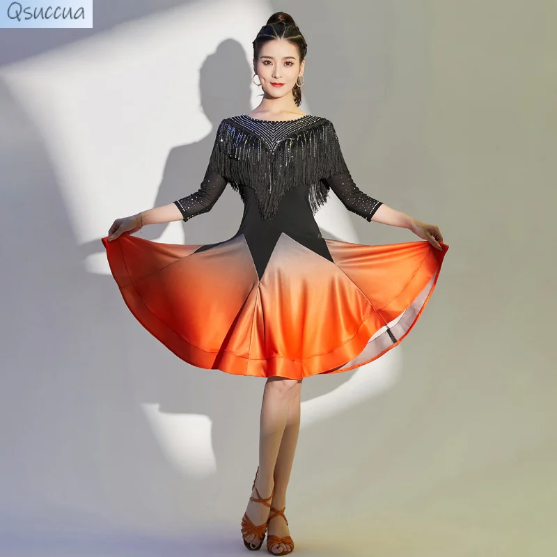 Competition One-Piece Latin Dance Dresses Women Stretchy Dress Half Sleeves Fringes Costume Satin Skirt