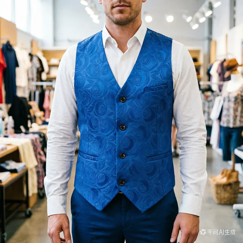 

Элегантный синий жаккардовый жилет с цветочным узором для мужчин, формальный жилет с V-образным вырезом, идеально подходит для свадеб, вечеринок и деловых мероприятий.