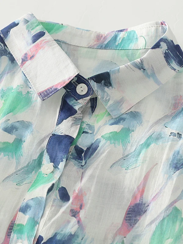 

Blue Floral Print Loose Long Sve irt Women's Casual Versatile Top Breathable Comfortable Autumn Faion 2025