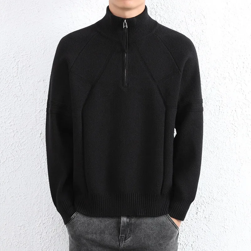Gilet maglione a righe larghe Uomo Versione coreana popolare Colletto semi-alto Gilet da uomo eleganti Maglioni da uomo con cerniera per abiti da uomo