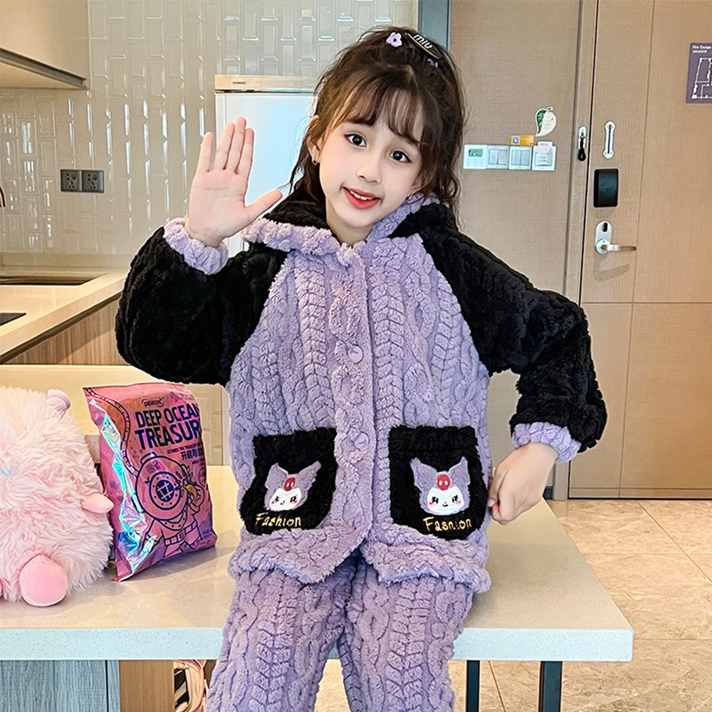 Anime Sanrioed Kids Coral Velvet Pajama Cinnamoroll Kuromi Melody Autumn Winter Kawaii Girl Warm Sleepwear Loungewear Homewear