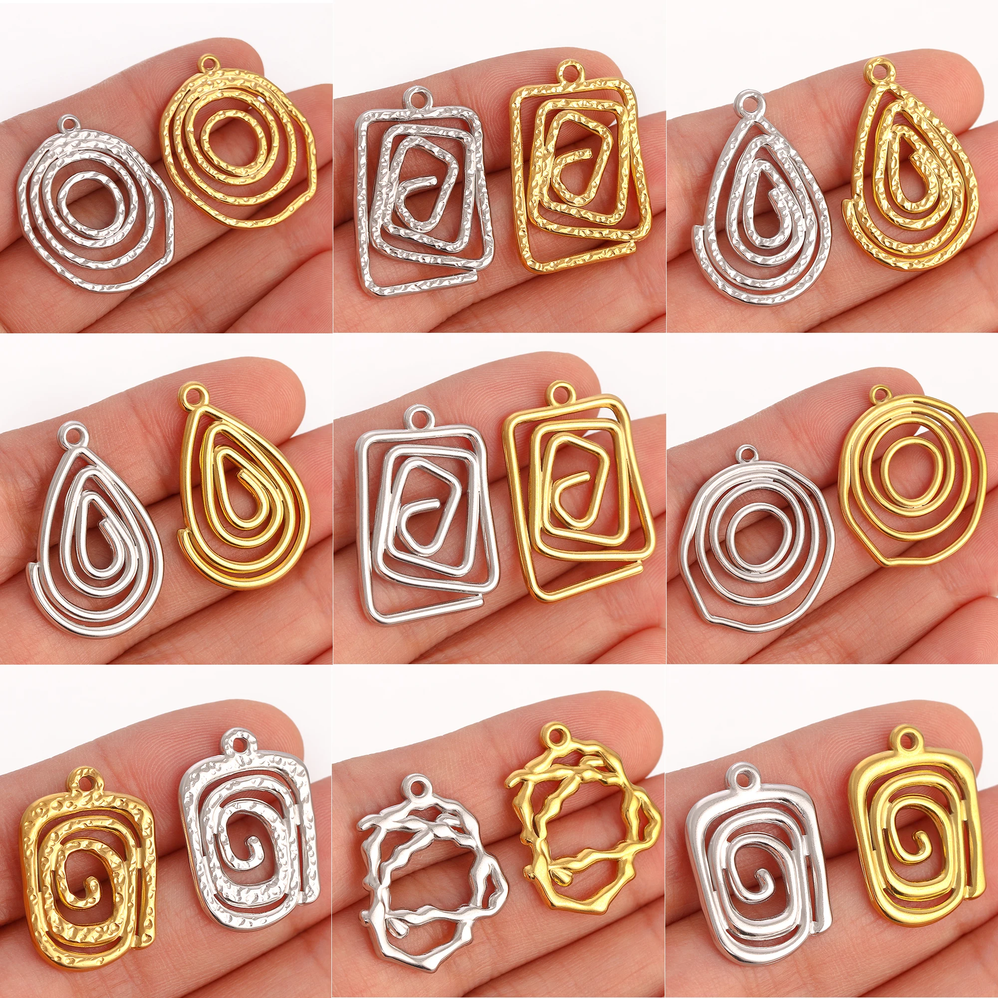 3Pcs Geometry Vortex Circle Charms Stainless Steel Heart/Drop/Rectangular Swirl Spiral Pendants Crafts Decor DIY  Jewelry Making