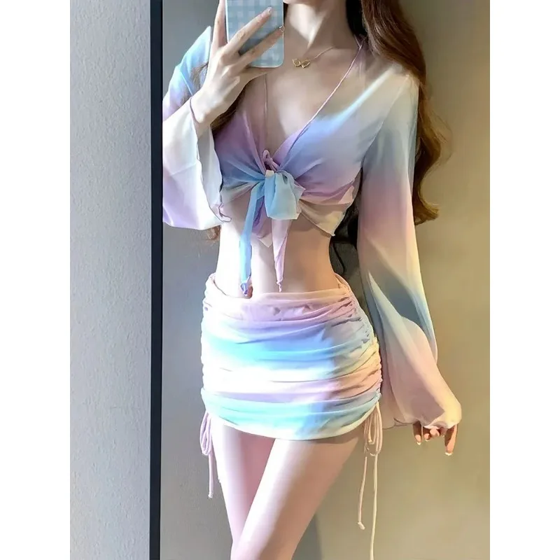 Women's Gradient Pastel Bikini Set with Long Sleeve Cover Up High Waist Tummy Control Sunscreen Pure Desire Swimwear Hot Spring
