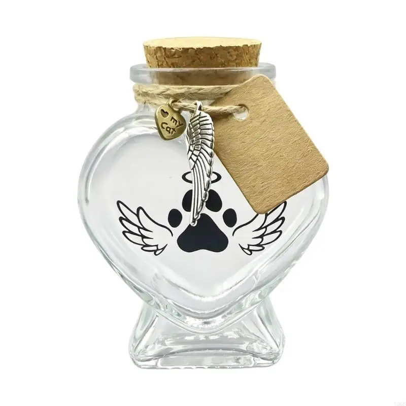 Glass Pet Memorial Keepsakes Bottle with Heart Design, Cork Stopper and Wing Paws Print for Desk Tributes, Y5GB