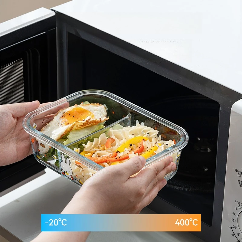귀여운 미피 유리 도시락 전자레인지 사용 가능 학생/사무실용 음식 용기 누수 방지 뚜껑 재사용 가능한 신선 보관 식품 용기