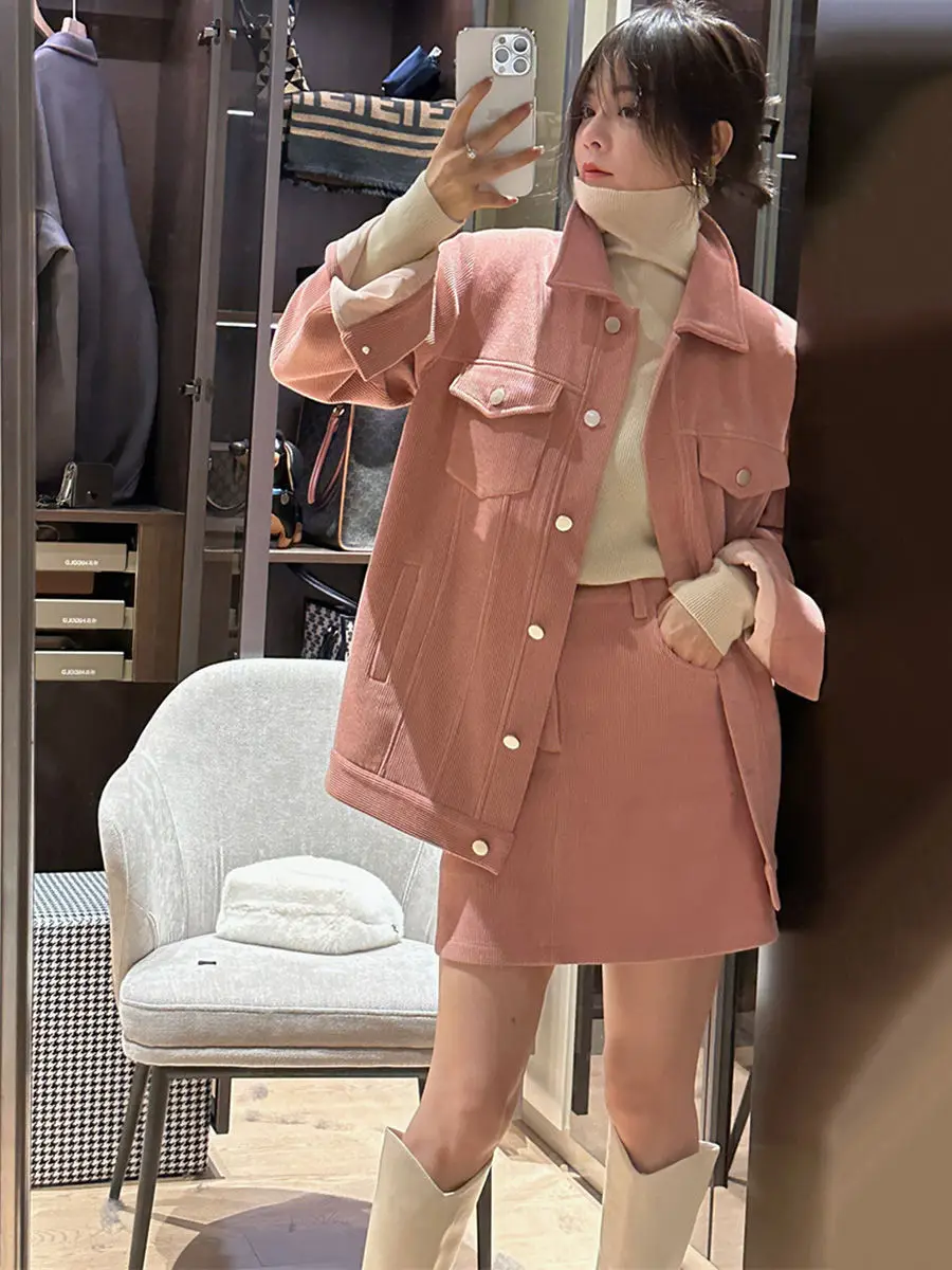 High Fashion Women's Autumn/Winter Set Thickened Corduroy Jacket + High-waist Skirt Youthful Versatile Look Female Office Lady