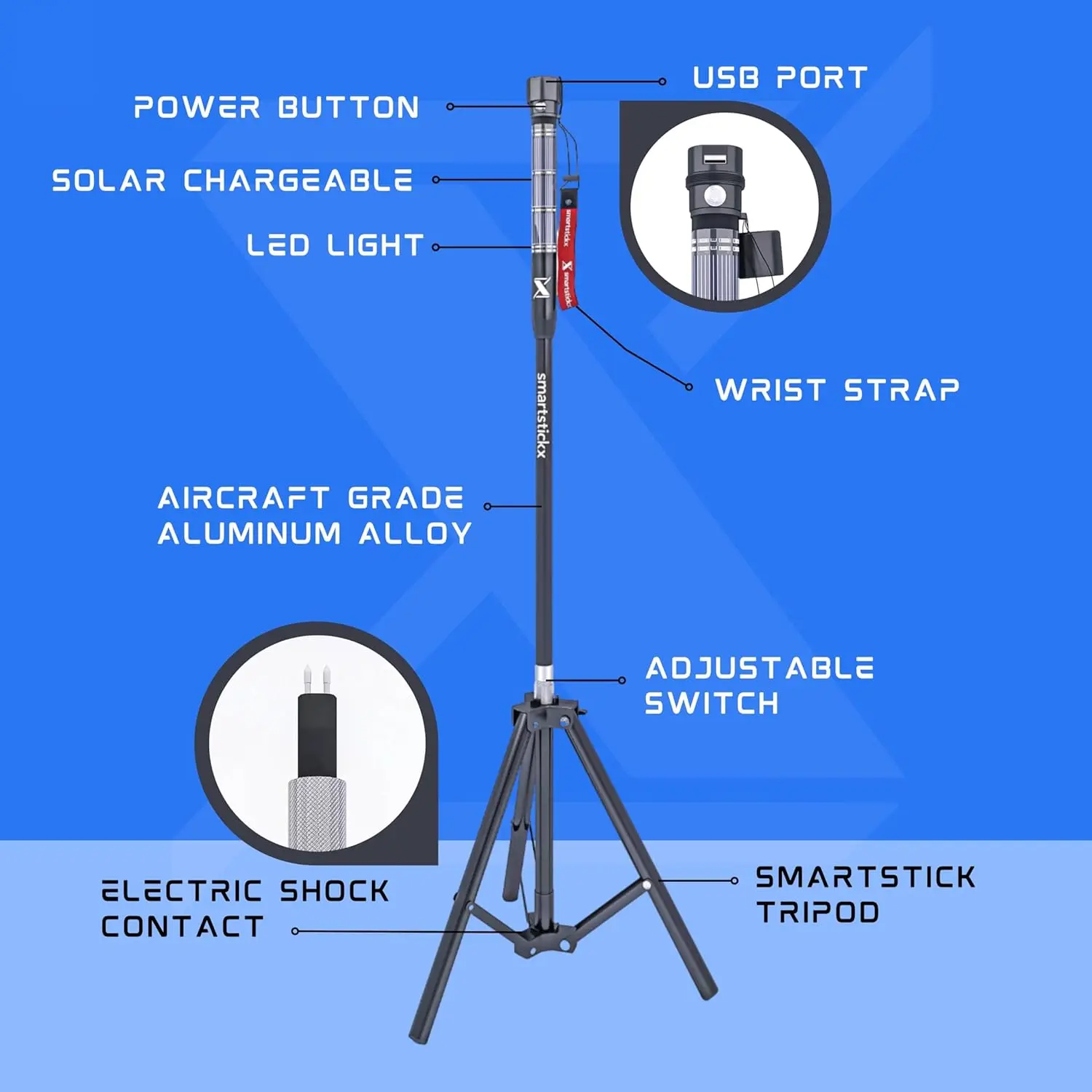 Tactical Walking Stick Self Defense Aluminum 2 Bright LED Light Modes, Taser, USB Charging Port/Fan, O