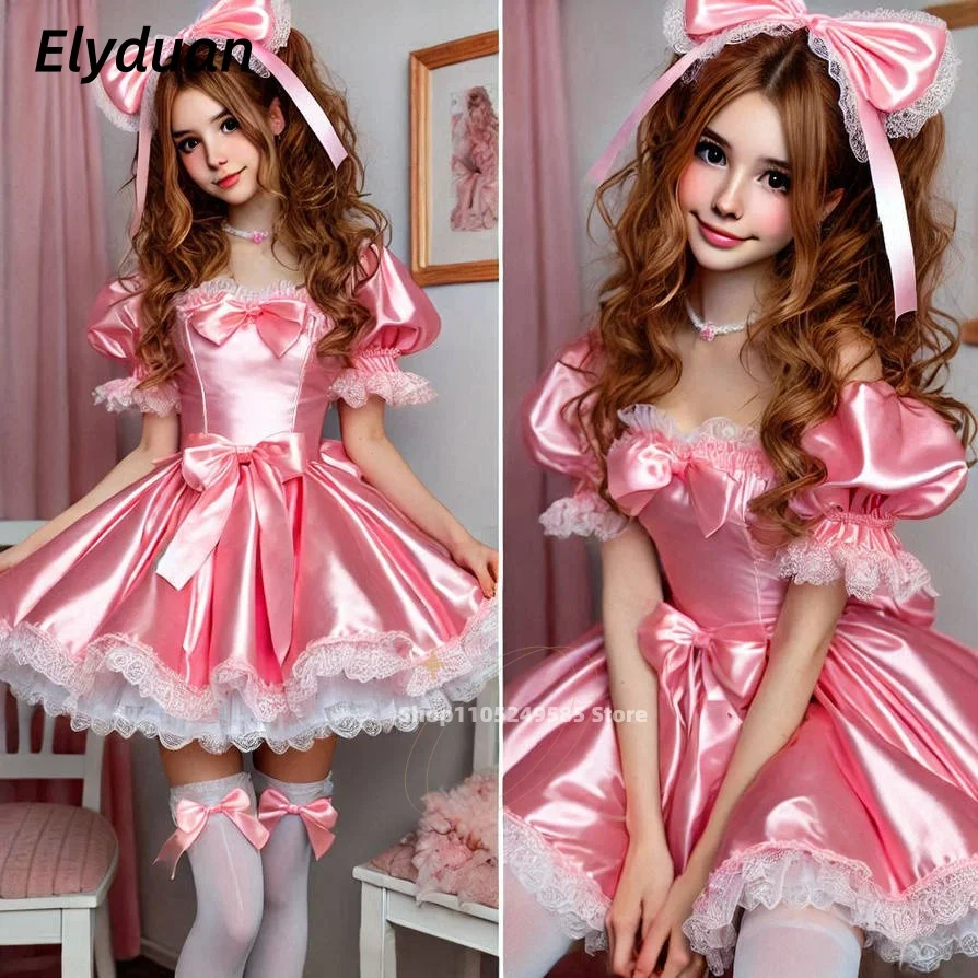 Lolita Prom Dress Mini Short Shiny Pink Cocktail Party Evening Gowns Off-Shoulder Puff Sleeve Ruffles Birthday Dress Customized
