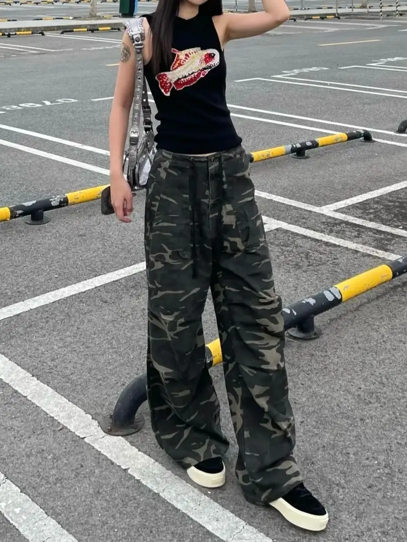 

American Retro Camouflage Jeans Straight Leg Drawstring Loose Wide Leg Floor-Length Trousers Casual Autumn Winter Fashion