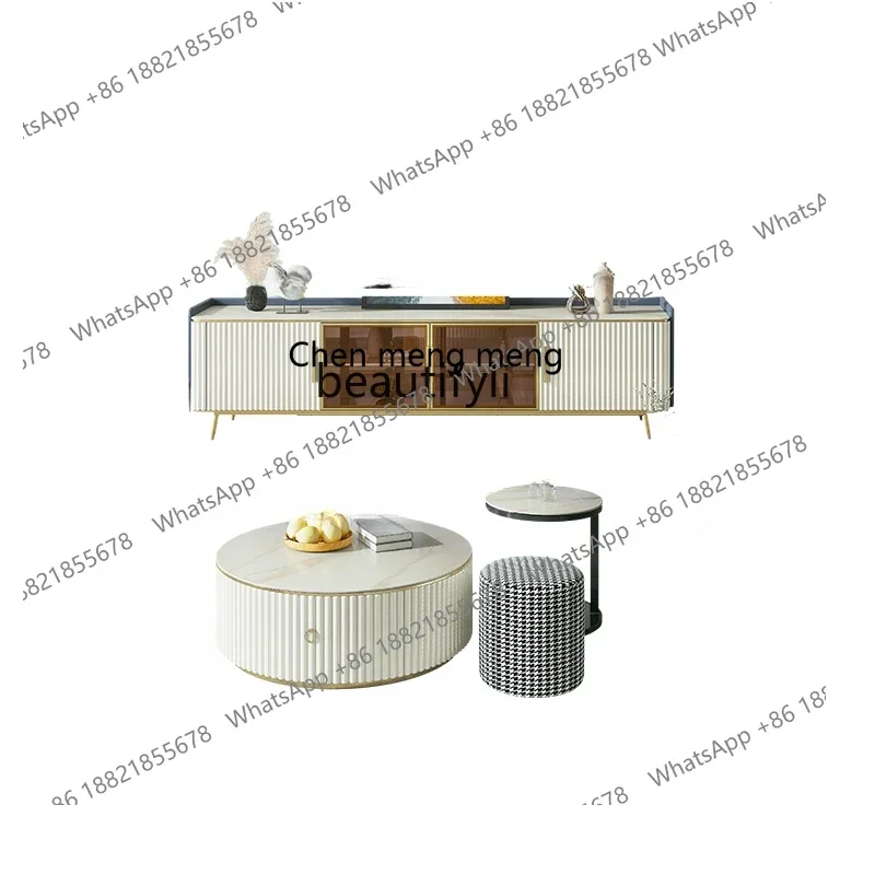 

xz1Stone Plate round Tea Table TV Cabinet Unit Italian Simple Modern High Leg Storage Organizer Side Cabinet furniture