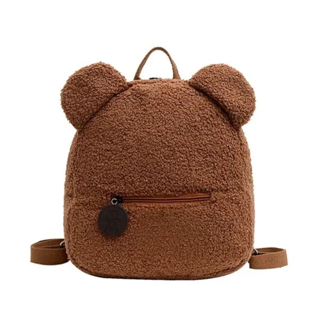 1Pcs Cute Bear Ear Fleece Small Backpack Kids Girls Casual Warm Lambswool Daypack Bag Schoolbag Rucksack for Travel Shopping