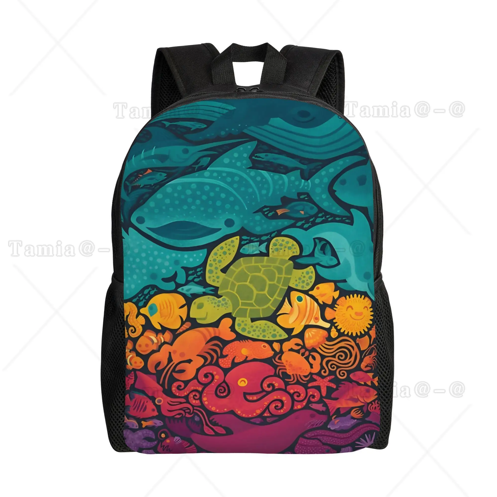 Gradient Ocean Marine Animal Print Backpack, Shark Turtle Octopus Fish Pattern Lightweight Student Backpack Office College