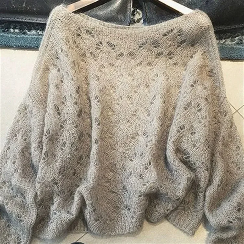 

Spring Autumn Womens Hollowed Out Knit Pullover Fashion Loose O-neck Women Wool Sweater Soft Knitwear Korean Style Sweater