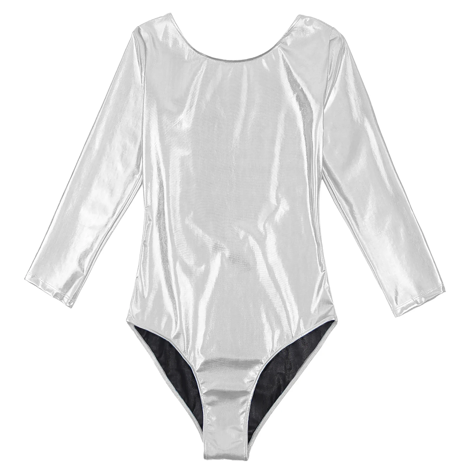 Swimwear for Women Shiny Metallic High Cut Bodysuit 3/4 Sleeve Open Back Skinny Leotard Swimsuit Gym Bodysuit for Pole Dance