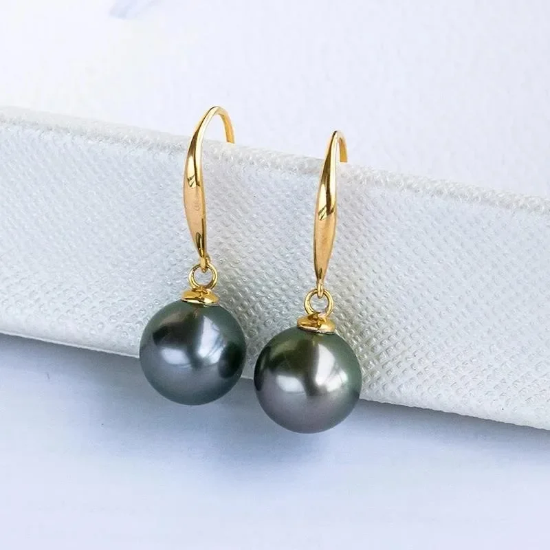 

Genuine Natural 18k Gold Pearl Earrings For Girls,Black Round Tahitian Pearl Drop Earrings Wife Mother Engagement Anti Allergic