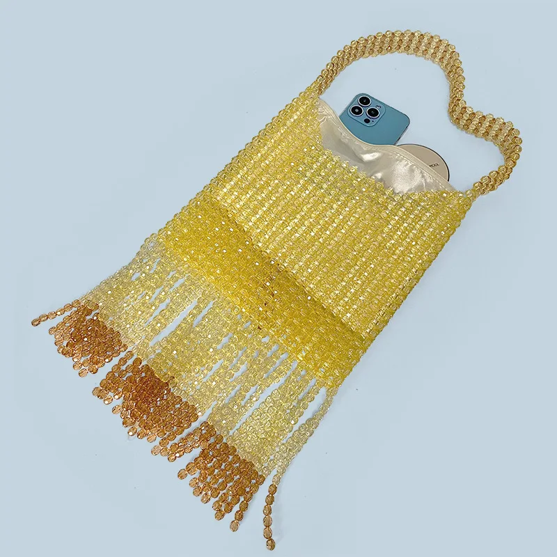 Новинка 2025 года, стильная женская сумка из акрилового металла с кисточками, сумки ручной работы с бисером, сумки на плечо, сумки для поездок на работу