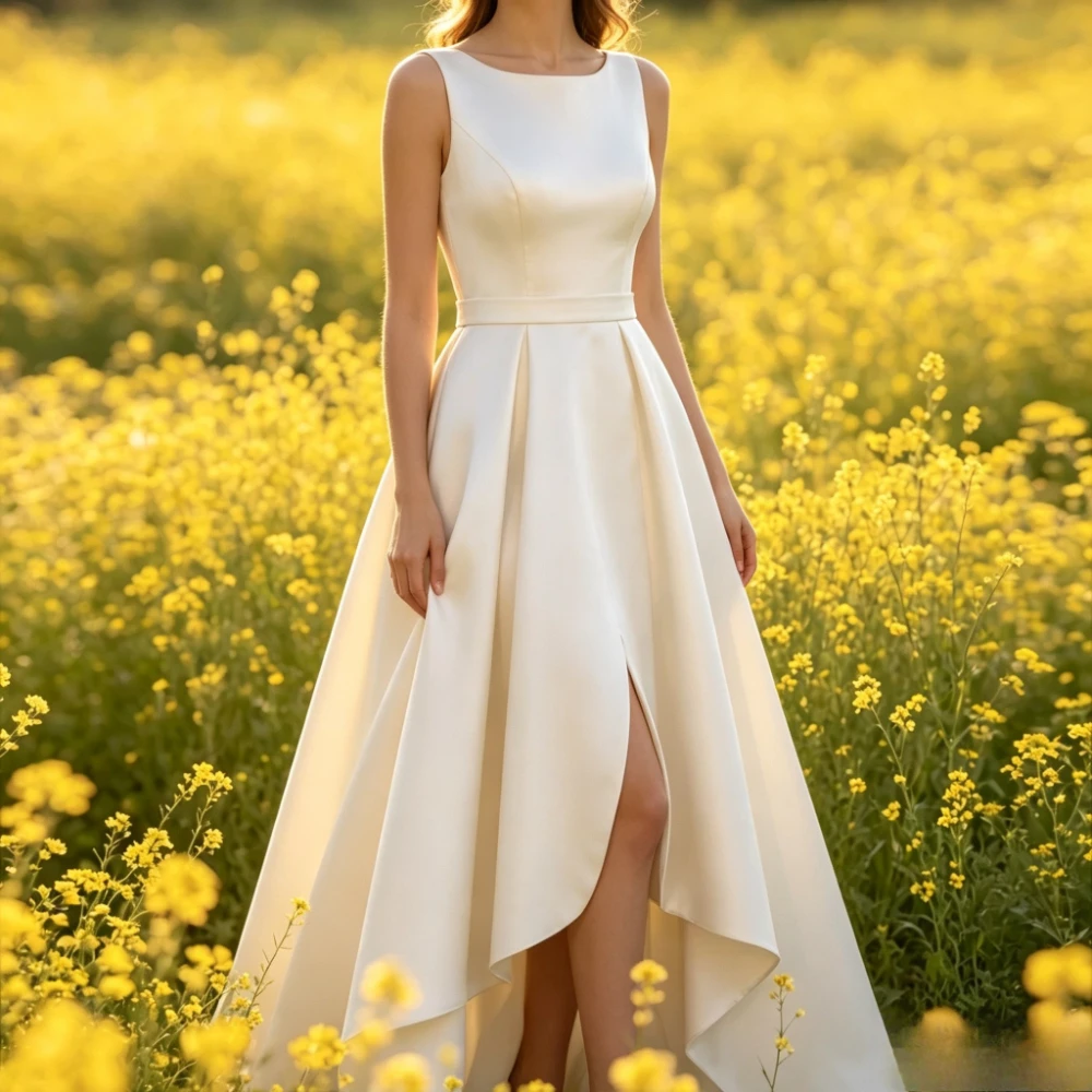 Customized Satin Sleeveless Wedding Dress Open Back Pearl Button A Line High Low Bridal Gown Elopement Custom Size Bride Attire