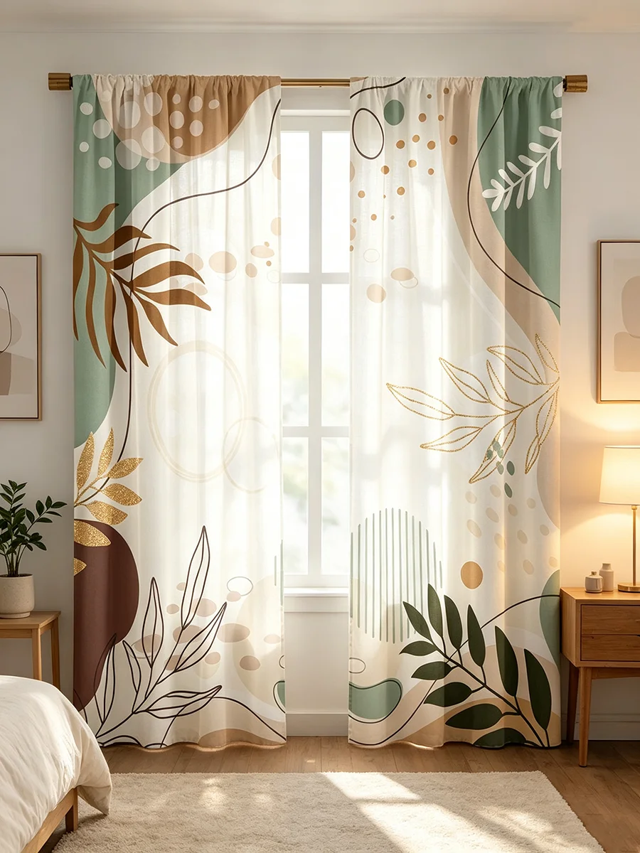 2PCS Digital Printed Curtains, Morandi Abstract Plant Leaf Pattern, Nordic Minimalist Style for Living Room Bedroom Home Decor