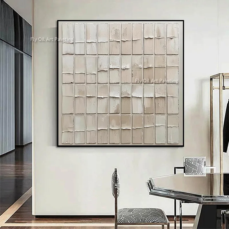 Muted Neutral Square Grid Canvas, Hand‑Painted Impasto Oil Painting, Wabi‑Sabi 3D Textured Modern Wall Decor