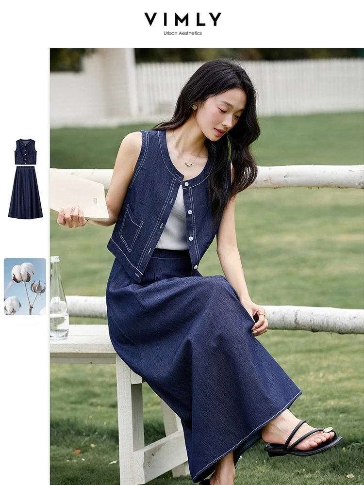 

VIMLY Retro Denim Skirt Set Women's Summer Suit 2025 Vintage Sleeveless Waistcoat Elastic Waist Flared Skirt Two Piece Set M9967