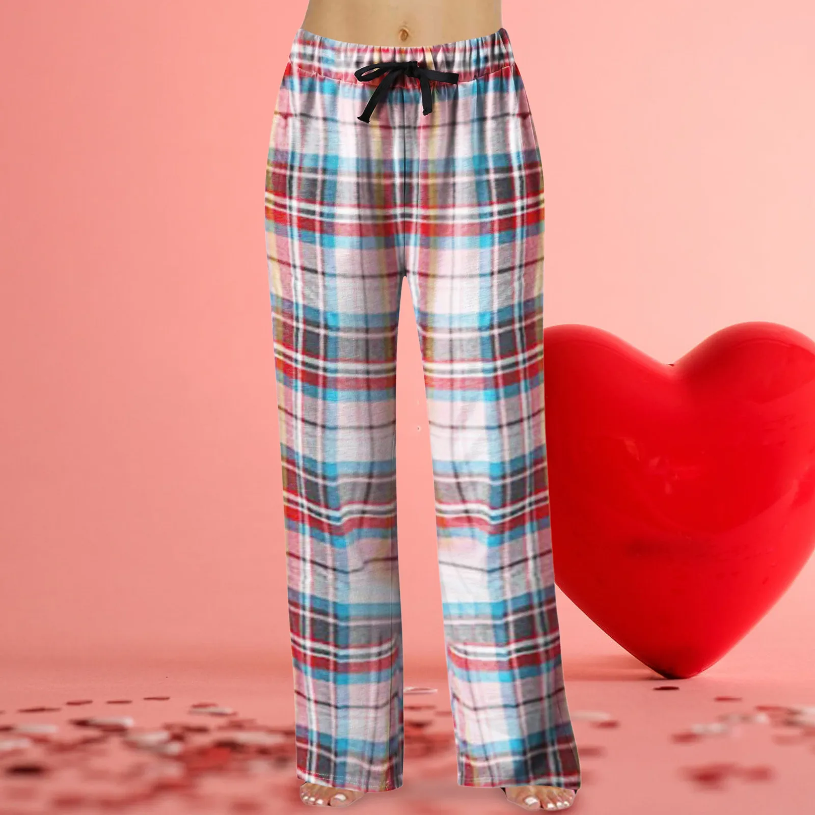 Women's Spring Fashion Casual Plaid Lace Can Be Worn Outside Color Block Elastic Waist Wide Leg Trousers Pajamas Home Pants