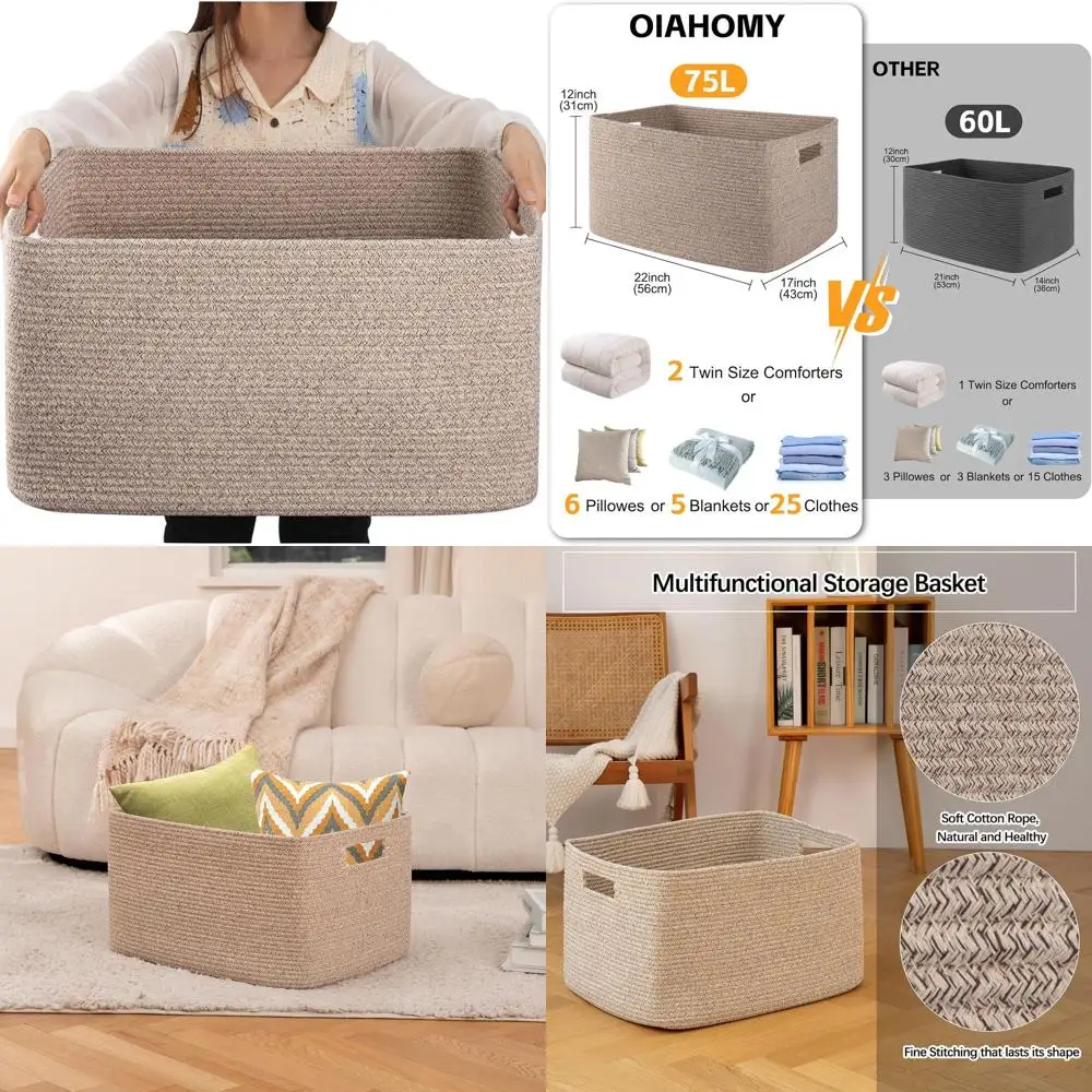 

Large Cotton Woven Basket with Handle for Blanket & Toy Storage, Brown, 22x17x12 Inches