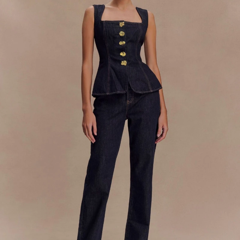 

Zeyla женский элегантный темно-синий джинсовый топ на бретелях, новинка лета 2025, жилет без рукавов с баской и прямые брюки, офисный повседневный наряд