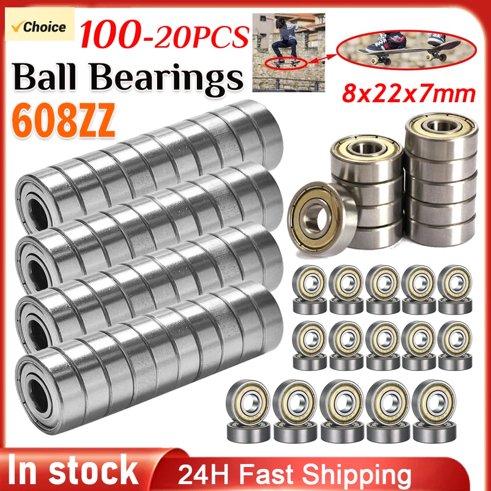 100-20pcs 608ZZ Ball Bearings Carbon Steel ABEC-7 Bearings for Skateboard Deep Groove Miniature Scooter Wheel Parts Replacement