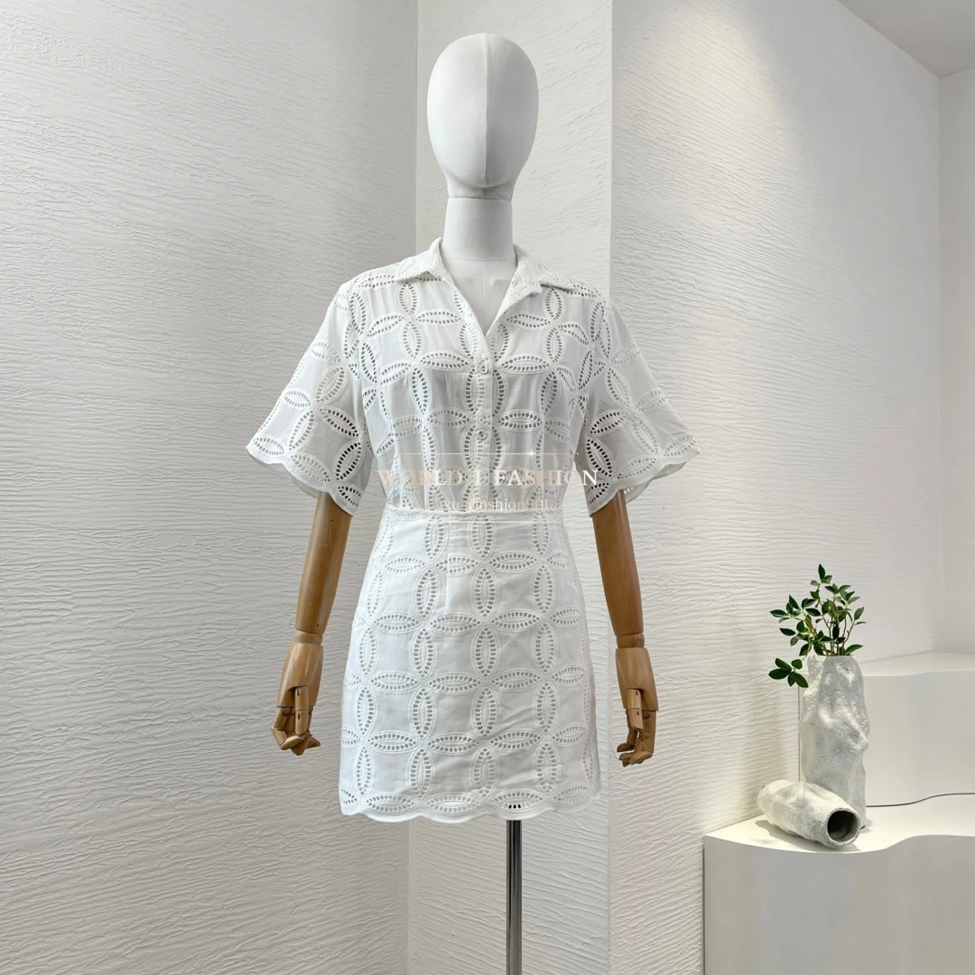 

White Embroidery Hollow Out Short Sleeve Blouse Tops Ans Skirt Set 2025