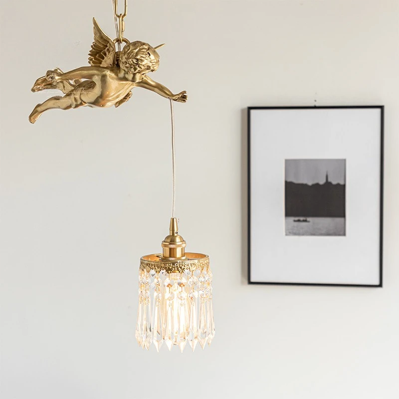 ثريا الملاك الفرنسية الرجعية المصنوعة من النحاس بالكامل، مدخل المدخل في العصور الوسطى، نافذة خليج بجانب السرير، ثريا كريستال نحاسية فاخرة خفيفة