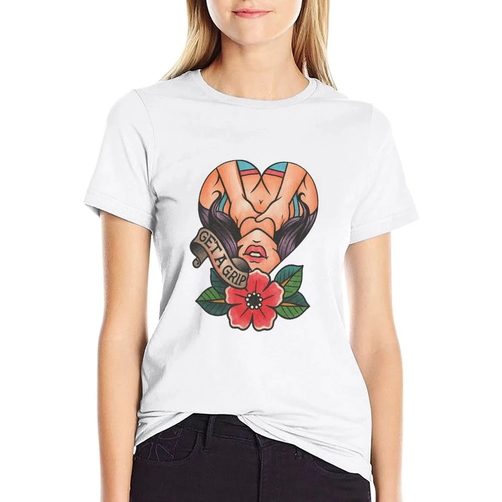 Women Vintage Old School Tattoo Heart Floral Graphic Crew Neck Slim Fit Short Sleeve Cotton T Shirt