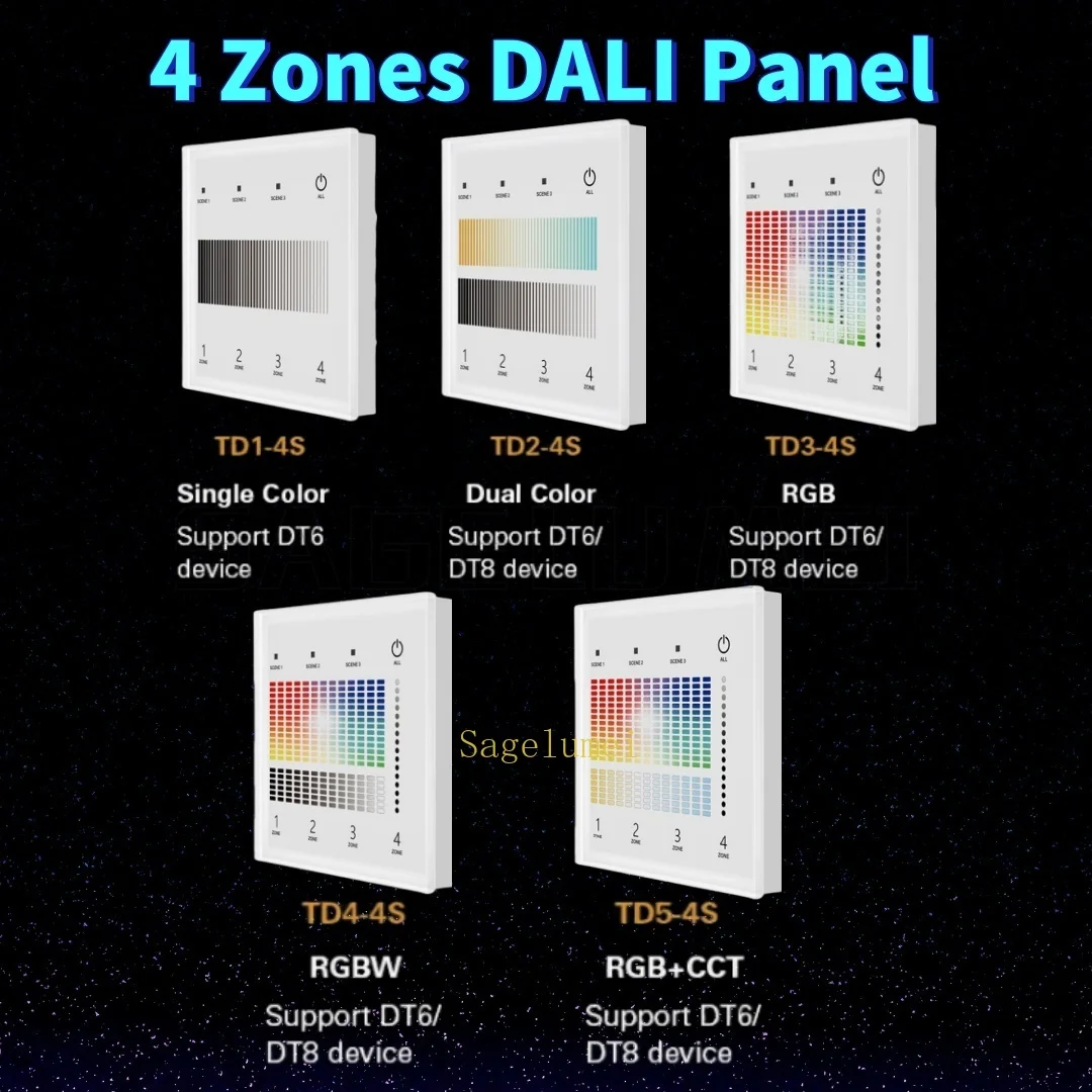 DALI panneau principal 4 Zones mural tactile LED bande variateur DT6 gradation DT8 double blanc/RGB/RGBW/RGB + CCT 24VDC RF 2.4G DALI panneau principal 4 Zones mural tactile LED bande variateur DT6 gradation DT8 double blanc/RGB/RGBW/RGB + CCT 24VDC RF 2.4G