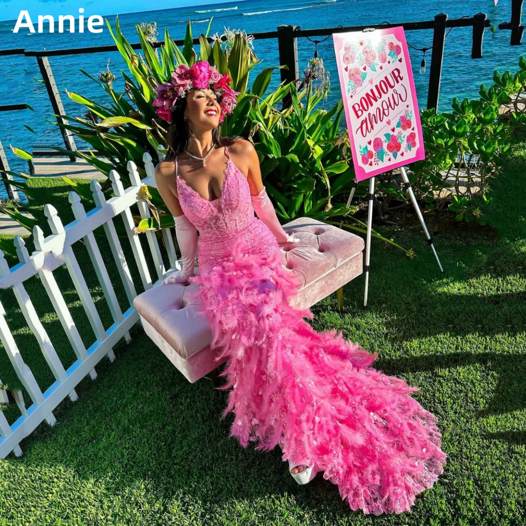 Annie Hot Pink Wedding Dress Luxury Feather Fairy Elegant Prom Dresses Sexy Mermaid Corset فساتين سهرة Vestidos De Fiesta